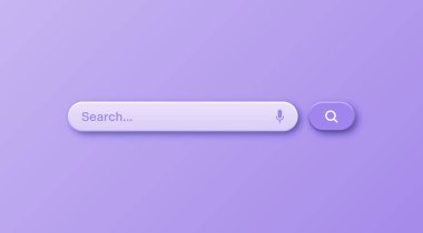 Renkli 3D arama çubuğu şablonu. Arama kutusu, adres çubuğu ve metin alanı olan internet tarayıcı motoru. Kullanıcı tasarımı, web arayüzü ögesi web simgeleri ve düğmeye basın. Vektör illüstrasyonu.