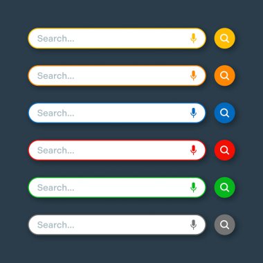 Various search bar templates. Internet browser engine with search box, address bar and text field. UI design, website interface element with web icons and push button. Vector illustration.