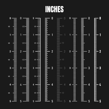 Boyunu ve boyunu ölçmek için dikey inç ölçeği. Bölünmüş farklı ölçeklerde. Cetvel, mezura işaretleri, boyut göstergeleri. Vektör illüstrasyonu.