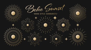 Klasik altın güneş patlaması, günbatımı ışınları koleksiyonu. Boho tarzı, modern minimalist bohem tasarımı. El çizimi güneş patlaması, ışık ışınları. Logotype ya da harfli retro tasarım öğesi. Vektör illüstrasyonu.