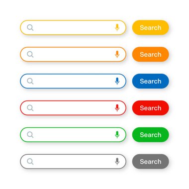 Various search bar templates. Internet browser engine with search box, address bar and text field. UI design, website interface element with web icons and push button. Vector illustration.