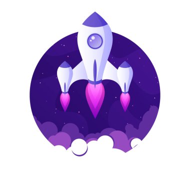 Roket fırlatma, gezegenler ve yıldızlarla dolu fütüristik uzay arkaplanı. Çizgi film yıldızgemisi, gece gökyüzünde uzay gemisi. Güneş sistemi, galaksi ve evren keşfi. Vektör illüstrasyonu.