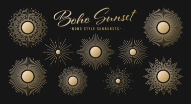 Klasik altın güneş patlaması, günbatımı ışınları koleksiyonu. Boho tarzı, modern minimalist bohem tasarımı. El çizimi güneş patlaması, ışık ışınları. Logotype ya da harfli retro tasarım öğesi. Vektör illüstrasyonu.