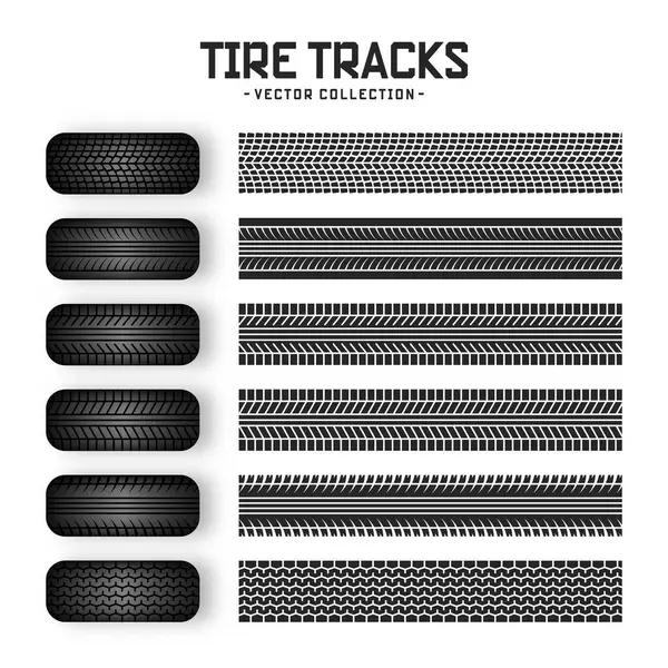 Lastik izleri, lastik tekerlekler ve fren izleri. Kamyon, araba ya da motosiklet lastiği siluetleri. Araba yarışları, motor sporları ve hız ile ilgili tasarımlar için mükemmel. Vektör illüstrasyonu.