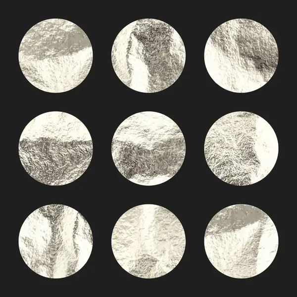 Gümüş folyo, parlak el yapımı daireler. Altın parıltılı doku, desen. Şatafatlı, parlak arka plan çizimi. Düğün, tebrik kartı dekorasyonu. Modern minimalist sanat. Vektör illüstrasyonu.