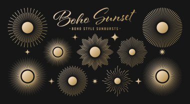 Klasik altın güneş patlaması, günbatımı ışınları koleksiyonu. Boho tarzı, modern minimalist bohem tasarımı. El çizimi güneş patlaması, ışık ışınları. Logotype ya da harfli retro tasarım öğesi. Vektör illüstrasyonu.