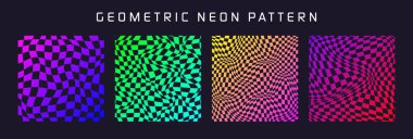 Dama desenli, rengarenk desenli döşemeli. Klasik dalgalı eğimli arka plan, bozulma etkisi. Garip geometrik satranç tahtası dokusu, 90 'ların tarzında retro arka plan, y2k. Vektör illüstrasyonu.