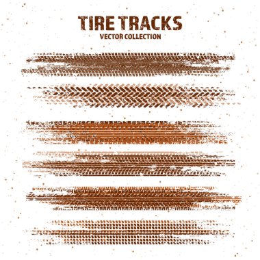 Çamur lekeli Grunge lastik izleri, kirli tekerlek fren izleri. Kamyon, araba ya da motosiklet lastiği siluetleri. Off-road, motor sporu ve yarış tasarımları için mükemmel. Vektör illüstrasyonu.