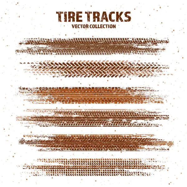 Çamur lekeli Grunge lastik izleri, kirli tekerlek fren izleri. Kamyon, araba ya da motosiklet lastiği siluetleri. Off-road, motor sporu ve yarış tasarımları için mükemmel. Vektör illüstrasyonu.