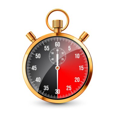 Gerçekçi klasik kronometre. Parlak altın metal kronometre, çevirmeli zaman sayacı. Kırmızı geri sayım zamanlayıcısı dakikaları ve saniyeleri gösteriyor. Spor için zaman ölçümü, başla, bitir. Vektör illüstrasyonu.