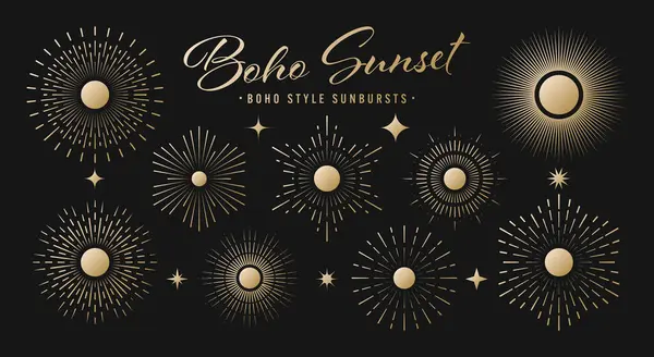 Klasik altın güneş patlaması, günbatımı ışınları koleksiyonu. Boho tarzı, modern minimalist bohem tasarımı. El çizimi güneş patlaması, ışık ışınları. Logotype ya da harfli retro tasarım öğesi. Vektör illüstrasyonu.