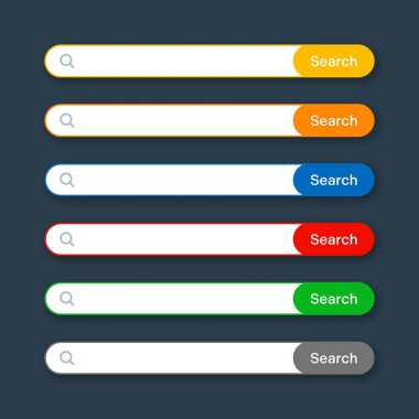 Various search bar templates. Internet browser engine with search box, address bar and text field. UI design, website interface element with web icons and push button. Vector illustration.