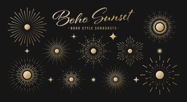 Klasik altın güneş patlaması, günbatımı ışınları koleksiyonu. Boho tarzı, modern minimalist bohem tasarımı. El çizimi güneş patlaması, ışık ışınları. Logotype ya da harfli retro tasarım öğesi. Vektör illüstrasyonu.