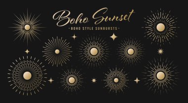 Klasik altın güneş patlaması, günbatımı ışınları koleksiyonu. Boho tarzı, modern minimalist bohem tasarımı. El çizimi güneş patlaması, ışık ışınları. Logotype ya da harfli retro tasarım öğesi. Vektör illüstrasyonu.