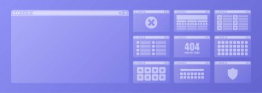 Web tarayıcı penceresi, araç çubuğu ve arama alanı olan saydam sayfa düzeni. Modern web sitesi, internet sayfası. Bilgisayar, tablet ve akıllı telefon için tarayıcı modeli. Uyarlamalı UI. Vektör illüstrasyonu.