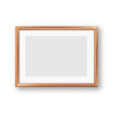 Gerçekçi boş ahşap resim çerçevesi. Sanat, fotoğraf ya da reklam için modern poster modeli. Sanat galerileri, iç dekorasyon ve markalaşma için mükemmel. Vektör illüstrasyonu.