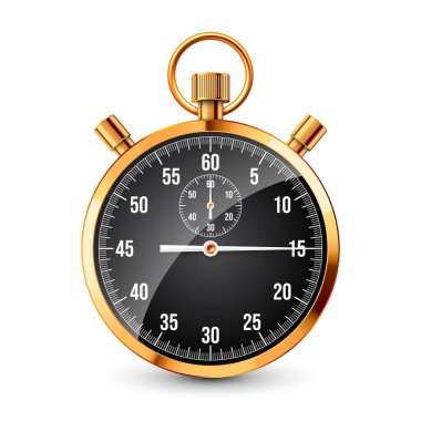 Gerçekçi klasik kronometre. Parlak altın metal kronometre, çevirmeli zaman sayacı. Geri sayım zamanlayıcısı dakikaları ve saniyeleri gösteriyor. Spor için zaman ölçümü, başla, bitir. Vektör illüstrasyonu.