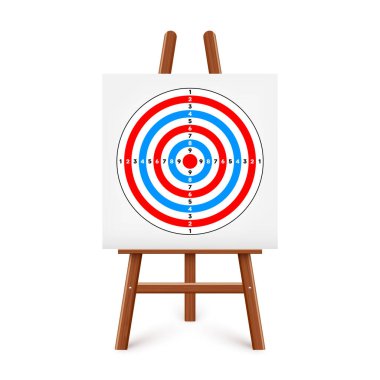Ahşap sehpada atış poligonu. Kağıt hedef, bölümler, işaretler ve numaralar. Okçuluk, silah atışı ve eğitim, spor müsabakası, avcılık. Tam isabet ve nişan al. Vektör illüstrasyonu.
