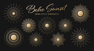 Klasik altın güneş patlaması, günbatımı ışınları koleksiyonu. Boho tarzı, modern minimalist bohem tasarımı. El çizimi güneş patlaması, ışık ışınları. Logotype ya da harfli retro tasarım öğesi. Vektör illüstrasyonu.