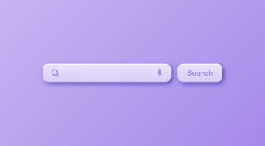Renkli 3D arama çubuğu şablonu. Arama kutusu, adres çubuğu ve metin alanı olan internet tarayıcı motoru. Kullanıcı tasarımı, web arayüzü ögesi web simgeleri ve düğmeye basın. Vektör illüstrasyonu.