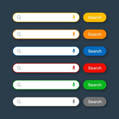 Various search bar templates. Internet browser engine with search box, address bar and text field. UI design, website interface element with web icons and push button. Vector illustration.