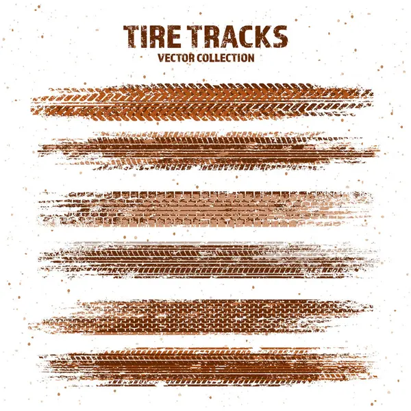 Çamur lekeli Grunge lastik izleri, kirli tekerlek fren izleri. Kamyon, araba ya da motosiklet lastiği siluetleri. Off-road, motor sporu ve yarış tasarımları için mükemmel. Vektör illüstrasyonu.