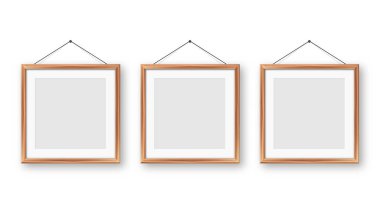 Gerçekçi boş tahta çerçeve koleksiyonu. Sanat, fotoğraf ya da reklam için modern poster modeli. Sanat galerileri, iç dekorasyon ve markalaşma için mükemmel. Vektör illüstrasyonu.