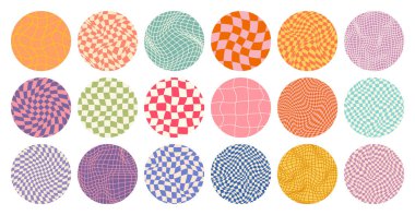 Dama desenli, yuvarlak renkli döşemeli. Klasik dalgalı eğimli arka plan, bozulma etkisi. Garip geometrik satranç tahtası dokusu, 90 'ların tarzında retro arka plan, y2k. Vektör illüstrasyonu.