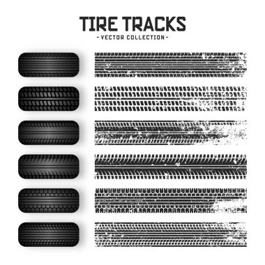 Grunge lastik izleri, lastik tekerlekler ve fren izleri. Kamyon, araba ya da motosiklet lastiği siluetleri. Araba yarışları, motor sporları ve hız ile ilgili tasarımlar için mükemmel. Vektör illüstrasyonu.