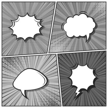 Çizgi film özgeçmişi ayarlandı. Konuşma balonu. Çizgi roman, yarım ton elementleri ve radyal çizgileri olan siyah beyaz bir poster. Retro Pop Art tarzı. Vektör illüstrasyonu.