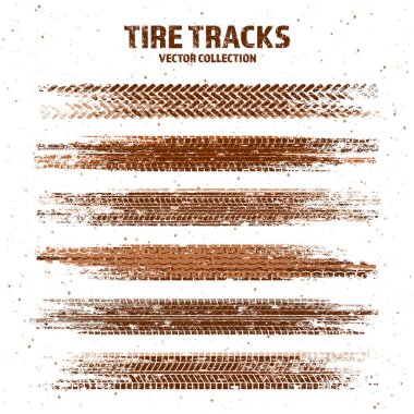 Çamur lekeli Grunge lastik izleri, kirli tekerlek fren izleri. Kamyon, araba ya da motosiklet lastiği siluetleri. Off-road, motor sporu ve yarış tasarımları için mükemmel. Vektör illüstrasyonu.
