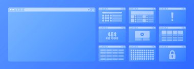 Web tarayıcı penceresi, araç çubuğu ve arama alanı olan saydam sayfa düzeni. Modern web sitesi, internet sayfası. Bilgisayar, tablet ve akıllı telefon için tarayıcı modeli. Uyarlamalı UI. Vektör illüstrasyonu.