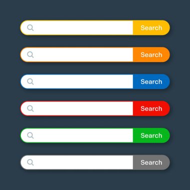 Various search bar templates. Internet browser engine with search box, address bar and text field. UI design, website interface element with web icons and push button. Vector illustration.