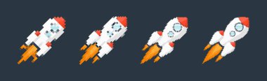 Piksel sanat roketi, ateşli patikaları, retro oyunları, uzay temalı tasarımları, uygulamaları veya animasyonları. Teknoloji, bilim kurgu ve fütüristik yaratıcı projeler için 8-bit stili. Vektör illüstrasyonu.
