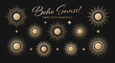 Klasik altın güneş patlaması, günbatımı ışınları koleksiyonu. Boho tarzı, modern minimalist bohem tasarımı. El çizimi güneş patlaması, ışık ışınları. Logotype ya da harfli retro tasarım öğesi. Vektör illüstrasyonu.