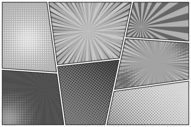 Çizgi roman siyah ve beyaz çizgi çizgiler koleksiyonu. Hareket ve hız çizgileri olan çizgi film arkaplanı. Retro Pop Art tarzı. Vektör illüstrasyonu.