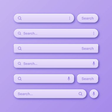 Renkli 3D arama çubuğu şablonları. Arama kutusu, adres çubuğu ve metin alanı olan internet tarayıcı motoru. Kullanıcı tasarımı, web arayüzü ögesi web simgeleri ve düğmeye basın. Vektör illüstrasyonu.