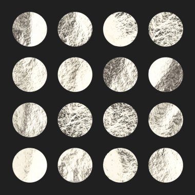 Gümüş folyo, parlak el yapımı daireler. Altın parıltılı doku, desen. Şatafatlı, parlak arka plan çizimi. Düğün, tebrik kartı dekorasyonu. Modern minimalist sanat. Vektör illüstrasyonu.