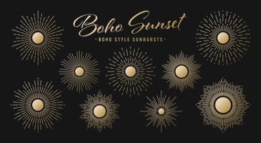 Klasik altın güneş patlaması, günbatımı ışınları koleksiyonu. Boho tarzı, modern minimalist bohem tasarımı. El çizimi güneş patlaması, ışık ışınları. Logotype ya da harfli retro tasarım öğesi. Vektör illüstrasyonu.