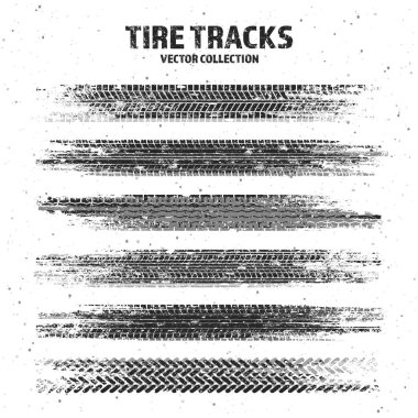 Çamur lekeli Grunge lastik izleri, kirli tekerlek fren izleri. Kamyon, araba ya da motosiklet lastiği siluetleri. Off-road, motor sporu ve yarış tasarımları için mükemmel. Vektör illüstrasyonu.