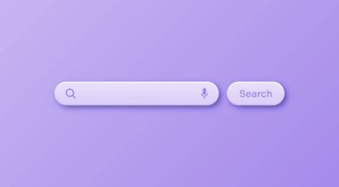 Renkli 3D arama çubuğu şablonu. Arama kutusu, adres çubuğu ve metin alanı olan internet tarayıcı motoru. Kullanıcı tasarımı, web arayüzü ögesi web simgeleri ve düğmeye basın. Vektör illüstrasyonu.