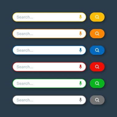 Various search bar templates. Internet browser engine with search box, address bar and text field. UI design, website interface element with web icons and push button. Vector illustration.