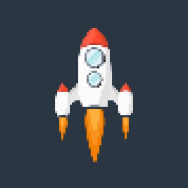 Piksel sanat roketi, ateşli patikaları, retro oyunları, uzay temalı tasarımları, uygulamaları veya animasyonları. Teknoloji, bilim kurgu ve fütüristik yaratıcı projeler için 8-bit stili. Vektör illüstrasyonu.