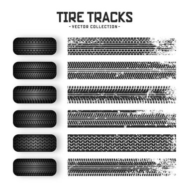Grunge lastik izleri, lastik tekerlekler ve fren izleri. Kamyon, araba ya da motosiklet lastiği siluetleri. Araba yarışları, motor sporları ve hız ile ilgili tasarımlar için mükemmel. Vektör illüstrasyonu.