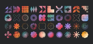 Acımasız geometrik şekiller, modern grunge sembolleri. Basit ilkel elementler ve formlar, sıkıntılı detaylar. Retro tasarım, yaş, eski moda, çağdaş minimalist tarz, y2k. Vektör illüstrasyonu.