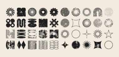 Acımasız geometrik şekiller, modern grunge sembolleri. Basit ilkel elementler ve formlar, sıkıntılı detaylar. Retro tasarım, yaş, eski moda, çağdaş minimalist tarz, y2k. Vektör illüstrasyonu.
