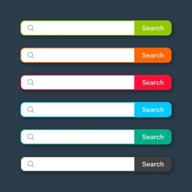 Various search bar templates. Internet browser engine with search box, address bar and text field. UI design, website interface element with web icons and push button. Vector illustration.