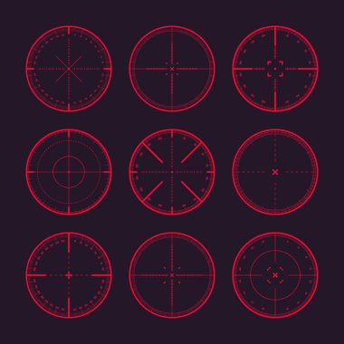 Derece ölçekli, optik dürbünlü çeşitli keskin nişancı tüfekleri. Avcı silahı dürbünü. Atış işareti, nişan al. Askeri hedef işareti. Oyun arayüzü UI ögesi. Vektör illüstrasyonu.