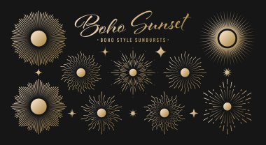 Klasik altın güneş patlaması, günbatımı ışınları koleksiyonu. Boho tarzı, modern minimalist bohem tasarımı. El çizimi güneş patlaması, ışık ışınları. Logotype ya da harfli retro tasarım öğesi. Vektör illüstrasyonu.
