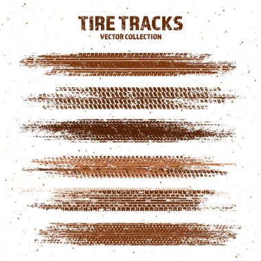 Çamur lekeli Grunge lastik izleri, kirli tekerlek fren izleri. Kamyon, araba ya da motosiklet lastiği siluetleri. Off-road, motor sporu ve yarış tasarımları için mükemmel. Vektör illüstrasyonu.